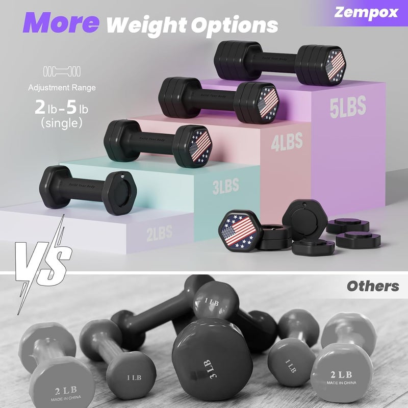 Zempox Adjustable Dumbbell Set of 2, 4 in 1 Hand Weights for Women at Home, 5 lb Weights Dumbbells set of 2, Each 2lb 3lb 4lb 5lb with TPU Soft Rubber Handle for Home Gym Exercise Training - Image 3